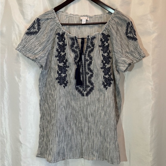 Westport Tops - Westport 1962 Embroidered Peasant Top Blue White Striped 1X